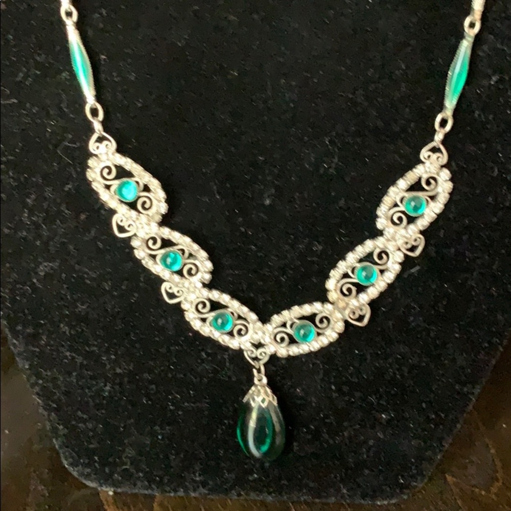 Vintage Green and Rhinestone Silver Necklace